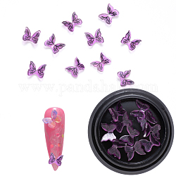 Cabochons en résine, accessoires nail art de décoration, 3 d papillon, support violet, 6~7x7~8x3mm, 10 pcs / boîte