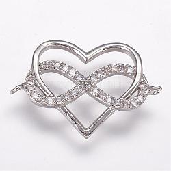 Brass Micro Pave Cubic Zirconia Links, Heart and Infinity, Polyamory Charm, Platinum, 15x22.5x2mm, Hole: 1mm
