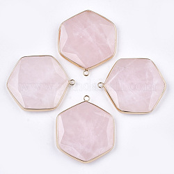 Ciondoli quazo rosa naturale, con accessori di ottone, sfaccettato, esagono, oro, 44~45x36~37x5~6mm, Foro: 2 mm