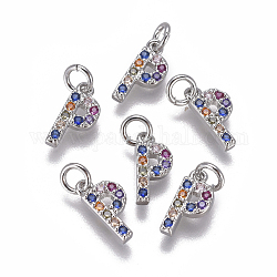Brass Micro Pave Cubic Zirconia Charms, Letter, Colorful, Platinum, Letter.P, 9.7x4.6x1.7mm, Hole: 2~2.5mm
