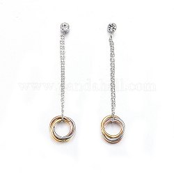 304 Stainless Steel Dangle Stud Earrings, with Rhinestone, Rings, Stainless Steel Color, 53x10x3.5mm, Pin: 0.8mm