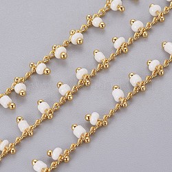3.28 pieds de chaînes de perles de rocaille faites à la main, soudé, avec accessoires en laiton plaqué 18k or véritable, blanc, 1.8~2.5mm