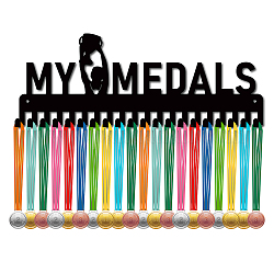 Cadre porte-médailles en fer, 20 présentoir à médailles à crochets, avec des vis, noir, mot, 150x400mm, Trou: 5mm