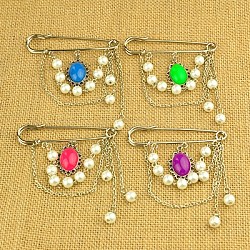 Fashion Tibetan Style Brooches, with Glass Pearl Beads, Resin Cabochons, Iron Chains and Iron Kilt Pins, White, 85mm