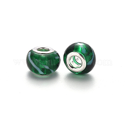 Handgemachte glasperlen murano glas großlochperlen, großes Loch Rondell Perlen, mit Platin-Ton Messing Doppeladern, grün, 14~15x9~10 mm, Bohrung: 5 mm