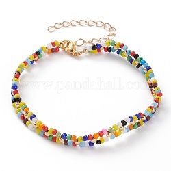 Bracelets ronds en perles de rocaille en verre opaque, avec 304 fermoir pince de homard en acier inoxydable et perles rondes en laiton, or, colorées, 8-1/4 pouce (21 cm)