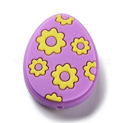 Uovo di pasqua con perline di silicone a forma di fiore, viola, 29.5x23x9.5mm, Foro: 2.5 mm
