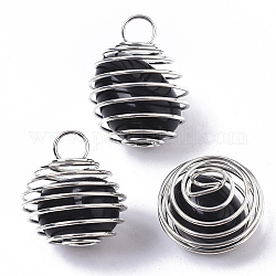 Ciondoli a gabbia di perline a spirale avvolgenti in ferro, con perle di ossidiana naturale all'interno, tondo, platino, 21x24~26mm, Foro: 5 mm