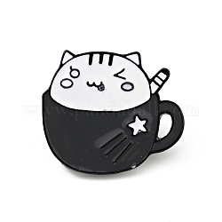 Kaffeetasse Katze Emaille Pin, Elektrophorese schwarz plattiertes Legierungsabzeichen für Rucksackkleidung, weiß, 21x24.5x2 mm