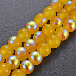 Rociar perlas de vidrio pintado hebras, Color ab medio plateado, redondo, oro, 8x7.5mm, agujero: 1.4 mm, aproximamente 50~51 pcs / cadena, 14.57~14.96 pulgada (37~38 cm)
