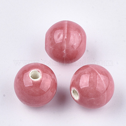 Abalorios de porcelana hechas a mano, porcelánico esmaltado brillante, redondo, color de rosa caliente, 14~14.5x13.5~14mm, agujero: 2.5~3 mm