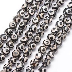 Perles dzi à 3 œil de style tibétain, Chapelets de perles d'agate naturelle, ronde, teints et chauffée, noir, 8mm, Trou: 1mm, Environ 23 pcs/chapelet, 7.5 pouce