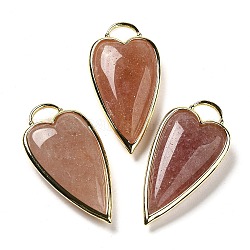 Natural Strawberry Quartz Pendants, Rack Plating Brass Heart Charms, Golden, 38x19x7.3~7.8mm, Hole: 4.7x6.5mm