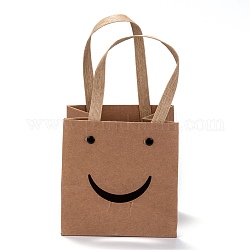 Sacchetti di carta kraft da 260 g, con manici in nylon, rettangolo con sorriso, per sacchetti regalo e shopping bag, cammello, 12x12x0.95cm