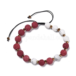 Adjustable Nylon Cord Braided Bead Bracelets, with Glass Beads, Round Natural Lava Rock(Dyed) Beads and Synthetic Howlite Beads, Dark Red, Inner Diameter: 2-1/8 inch~3-3/8 inch(5.5~8.5cm)