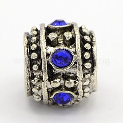 Alloy Grade A Rhinestone European Beads, Large Hole Beads, Rondelle, Antique Silver Metal Color, Sapphire, 8.5x10mm, Hole: 5mm