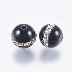 Cuentas de ónix negro natural y teñido, con diamantes de imitación de arcilla polimérica, redondo, negro, 8~9mm, agujero: 1 mm