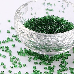 (servicio de reempaquetado disponible) perlas de vidrio, transparente, redondo, goreen oscuro, 12/0, 2mm, agujero: 1 mm, aproximamente 12 g / bolsa