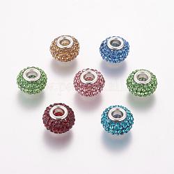 Perles européennes avec strass grade A, Perles avec un grand trou   , résine, avec ame en laiton de couleur argent, rondelle, couleur mixte, 15x10mm, Trou: 5mm