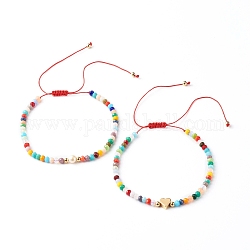 Set di bracciali con perline intrecciate in filo di nylon, con perle di vetro di giada imitazione, Perline in ottone, cuore, colorato, diametro interno: 2-1/2 pollice (6.5~11.2 cm), 2 pc / set