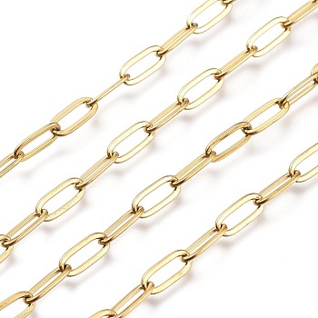Ion Plating(IP) 304 Stainless Steel Cable Chains, Paperclip Chains, Drawn Elongated Cable Chains, Soldered, Real 18K Gold Plated, 9.7x4.2x0.6mm