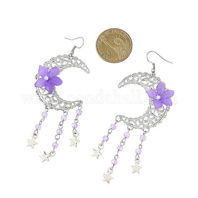 2 пара серег-подвесок из сплава и железа в форме луны с цветком EJEW-JE06766-1