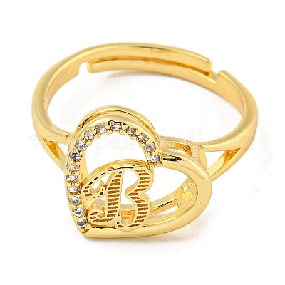 Сердце с буквой стойка покрытие латунь микро паве кубический цирконий регулируемые кольца для женщин RJEW-I105-06G-B-1