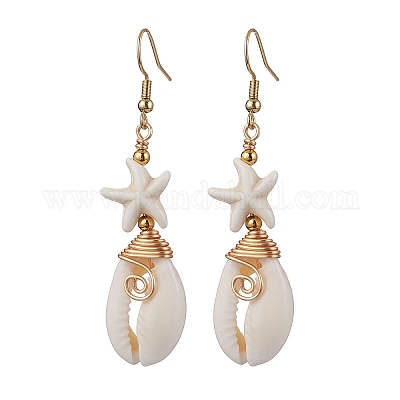 Серьги-подвески из латуни в форме морской звезды с синтетической бирюзой и ракушками каури EJEW-JE06141-02-1