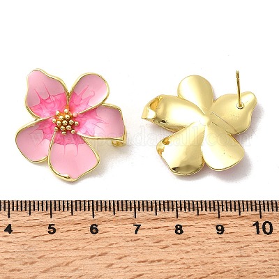 Серьги-гвоздики с цветком из латуни и эмали EJEW-P322-03G-1