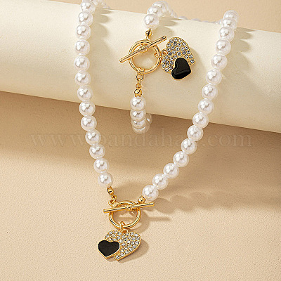 Комплекты браслетов и ожерелий из сплава сердечек со стразами и эмалью FS-WGE9C39-01-1