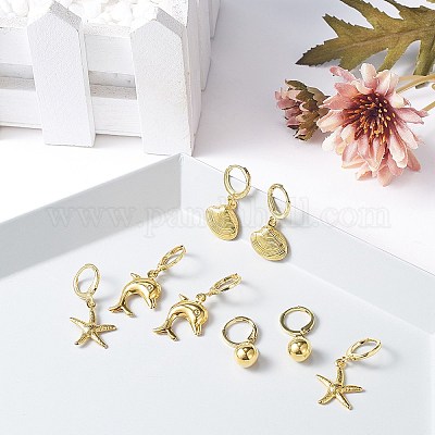 Серьга-кольцо из латуни с морской тематикой EJEW-SZ0001-21G-1