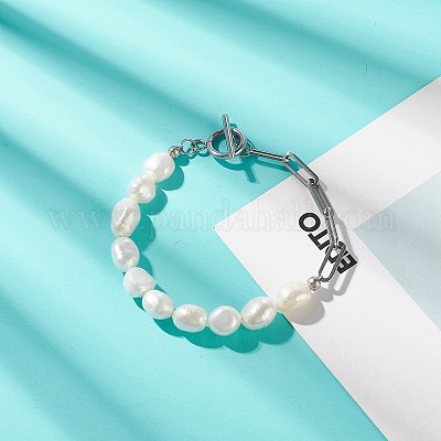 Браслет из натурального барочного жемчуга с цепочками-скрепками из нержавеющей стали 304 для женщин BJEW-JB08970-1