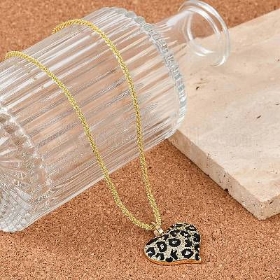 Женские ожерелья с подвеской в виде сердца из латуни с микропаве из прозрачных кубических цирконий и черным леопардовым принтом NJEW-M079-02G-1