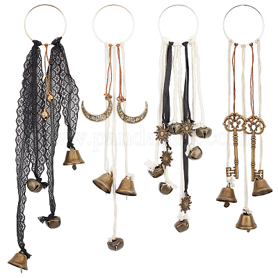 Wholesale OLYCRAFT 4pcs 4 Styles Witch Bells Door Knob Hanger Wind Chimes  Witch Bell Door Hanger Moon Key Sun Pattern Witch Bells Protection  Witchcraft with Wooden Ring for Patio Garden Door Home