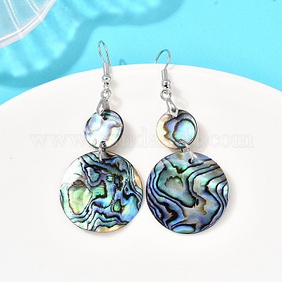 Латунные натуральные ракушки пауа плоские круглые висячие серьги EJEW-S278-01P-1