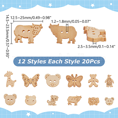 240 шт. 12 стиля деревянных пуговиц с 2 отверстиями BUTT-AR0001-23-1