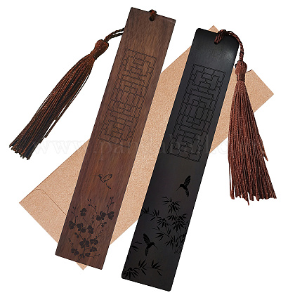 CRASPIRE Wood Bookmark 2 Colors Bamboo & Plum Blossom Engraved Book Mark Gifts Traditional Bookmarks with Tassel Pendant for Book Lovers Teacher Students AJEW-CP0001-78E-1
