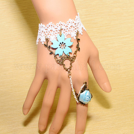 Retro Cloth Lace Gothic Alloy Flower Resin Bracelets Connected Resin Flower Rings BJEW-JL041-10-1