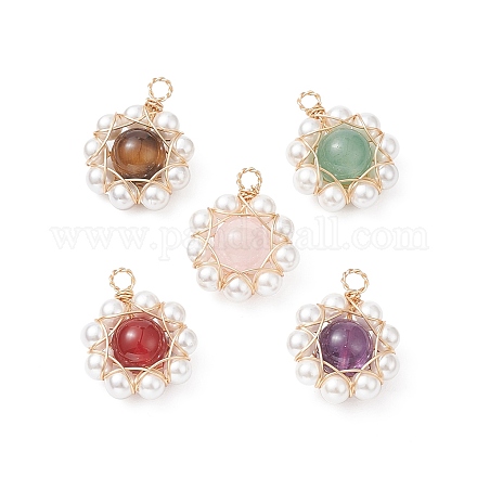 5Pcs 5 Styles Natural Mixed Gemstone Copper Wire Wrapped Pendants PALLOY-TA00038-1