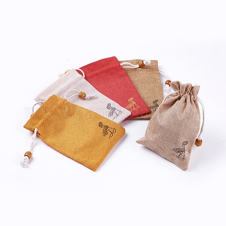 黄麻布製梱包袋ポーチ  巾着袋  木製のビーズで  ミックスカラー  14.6~14.8x10.2~10.3cm ABAG-L006-B-1