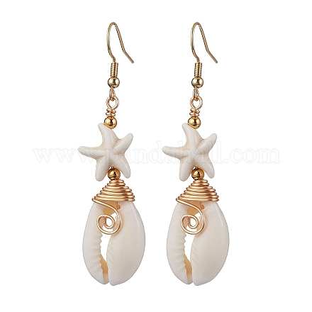 Серьги-подвески из латуни в форме морской звезды с синтетической бирюзой и ракушками каури EJEW-JE06141-02-1