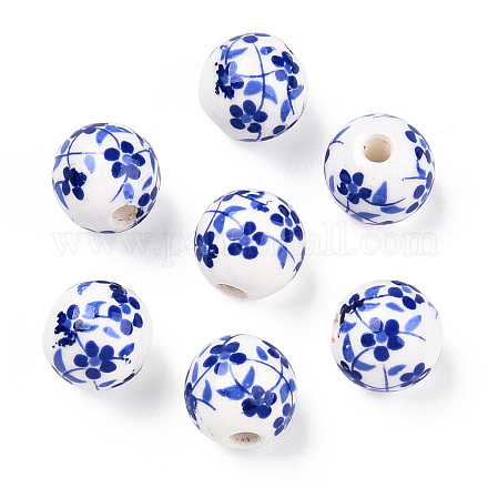 手作りの陶器ビーズ  青と​​白の磁器  花の丸  ブルー  8mm  穴：1.8mm PORC-E021-02B-1