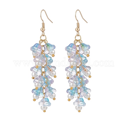 Boucles d'oreilles pendantes en verre et perles d'imitation en forme de fleur de trompette EJEW-JE05100-04-1