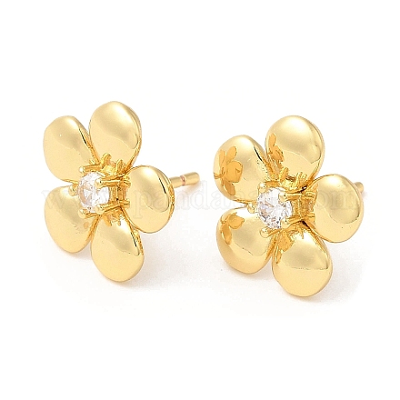 Brass Flower Stud Earrings with Clear Cubic Zirconia EJEW-Q770-10G-1