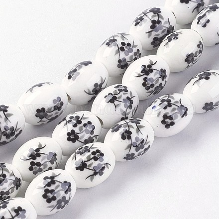 Chapelets de perles en céramique imprimées de fleurs manuelles PORC-J006-D04-1