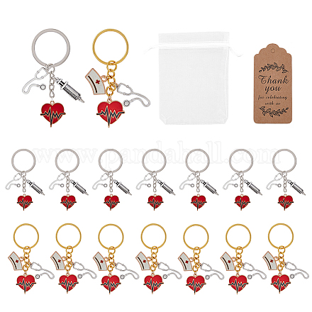 HOBBIESAY 16 Sets Nurse Keychain with 2 Style Key Rings and Kraft Paper Price Tags and Organza Gift Bags Heartbeat Stethoscope Nurse Cap Pendant for Women Nurse Day Graduation KEYC-HY0001-05-1
