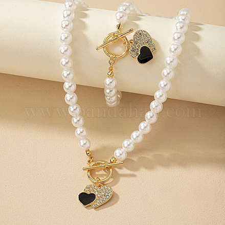 Комплекты браслетов и ожерелий из сплава сердечек со стразами и эмалью FS-WGE9C39-01-1