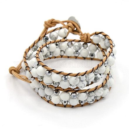 Leather Gemstone Wrap Bracelets X-BJEW-O015-07-1