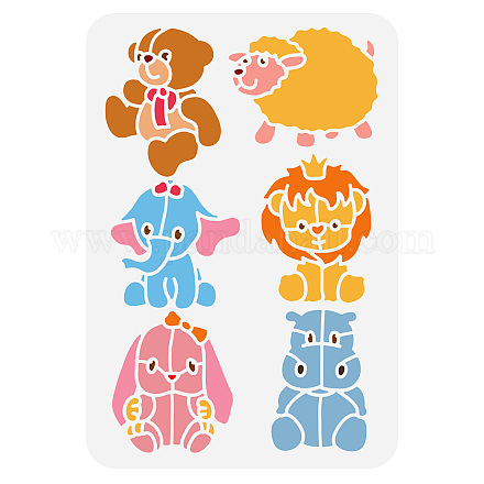 Fingerinspire animali bambola stencil 8.3x11.7 pollice riutilizzabile teddy bear elefante pecora leone ippopotamo coniglietto modello di pittura animali decorazione a tema stencil per dipingere su legno DIY-WH0396-234-1
