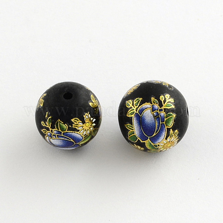 Flower Picture Frosted Glass Round Beads GFB-R004-14mm-V14-1